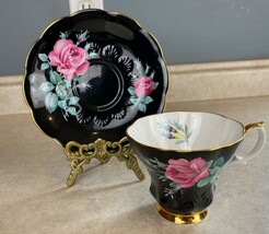 Royal Albert England Pink Rose On Black Scalloped Tea Cup &amp; Saucer Set - £20.04 GBP