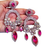 Rhinestone CLIP ON Earrings, Oversized Chandelier Earrings, Pink AB Drop Pageant - £47.15 GBP