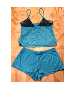 Shamah Small Turquoise Black Lace Trim Cami &amp; Shorts Sleep Set 2 Pc Paja... - $17.53 CAD