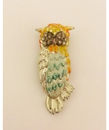 Owl Pin Brooch Rhinestone Eyes Yellow Orange Teal Feathers Silver Metal ... - £15.98 GBP