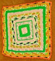 Vintage Granny Hand Knit Crocheted Baby Blanket Bright Multi Color 34&quot; x 32&quot; - £14.50 GBP