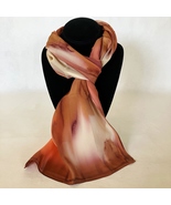 Hand Painted Silk Scarf Cream Peach Tan Brown Womens Rectangle Unique Ne... - $76.59 CAD