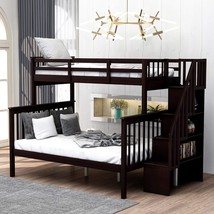 Woanke Twin Over Full Stairway Bunk Bed, Solid Wood Bed Frame With, Espresso - £502.76 GBP