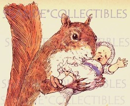  Big Squirrel Comforting Baby Doyle Book Print 1889 Weird Woodland Fairy Fantasy - $23.99