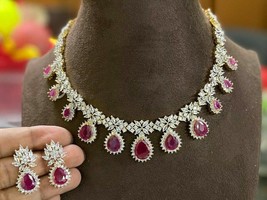 Gold Plated Indian Bollywood CZ AD Chain Jewelry Necklace Earrings Red Ruby Set - £66.80 GBP