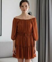 Ryan Michelle Rust Orange Swiss Dot Off-Shoulder ladies dress medium - $22.77