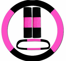 Steering wheel cover, seat belt covers &amp; rear view mirror cover  black-hot pink - £13.95 GBP