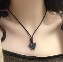Vintage black butterfly braided necklace for women, Butterfly pendant ne... - $33.75