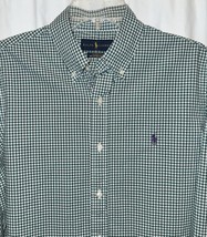 Ralph Lauren Polo Shirt men M long sleeve button down Green Check Cotton Stretch - £16.49 GBP