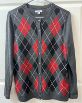 Croft &amp; Barrow Sweater Womens Size Medium Argyle Cardigan Red Gray Black Acrylic - $12.50