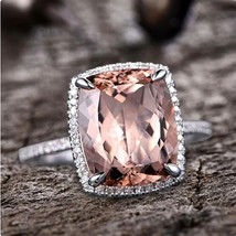 2.40Ct Cushion Cut CZ Morganite Halo Engagement Ring 14K White Gold Plated - £128.16 GBP