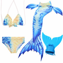 4PCS/Set Blue Swimmable Mermaid Tail With Monofin Girl Swimwear Costume swimsuit - £26.53 GBP