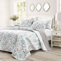 King Size Blue Grey Floral Lightweight Thin Polyester Fabric 3-Piece Quilt Set - $232.99