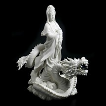 KWAN YIN ON DRAGON STATUE 12.5&quot; Quan Yin Guan Buddha Goddess White Marbl... - $129.95