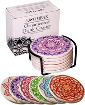 Set of 6 Rainbow Mandala Design Coasters w/ Holder -  Extra Large &amp; Absorbent - £15.85 GBP