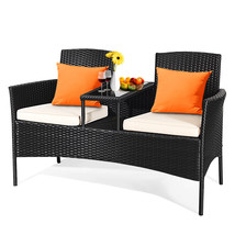 Patio Rattan Conversation Set Cushioned Loveseat Sofa Glass Table Chairs... - £151.81 GBP