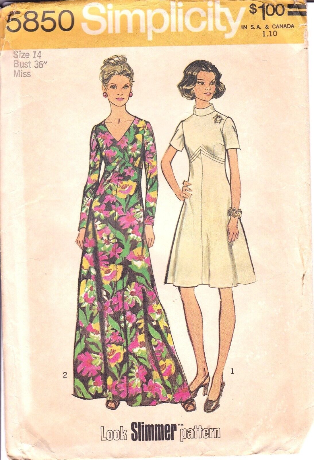 Vintage Sewing PATTERN Simplicity 5850, Misses Look Slimmer 1973 Womans Dress Si - $18.39