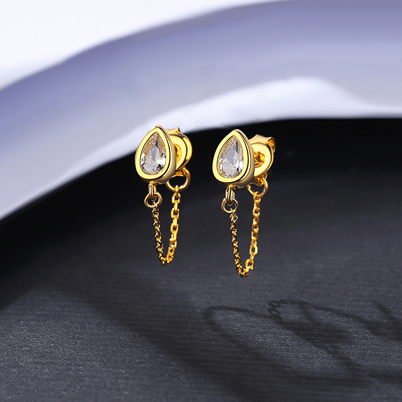 925 Silver Water Drop Chain Earrings Simple Zircon Gold Plated Women's Distincti - $18.65