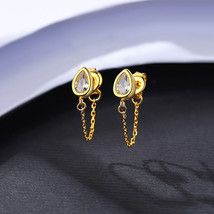 925 Silver Water Drop Chain Earrings Simple Zircon Gold Plated Women&#39;s D... - £14.58 GBP