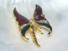 Estate Cranberry &amp; Blue Enamel with Clear Rhinestone Goldtone Trembler BUTTERFLY - £17.20 GBP