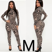 Fashion Nova Black &amp; Tan Mesh Unique Swirl Print Long Sleeve Jumpsuit ~ ... - $27.12