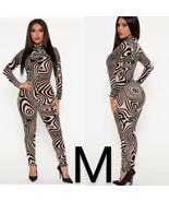 Fashion Nova Black &amp; Tan Mesh Unique Swirl Print Long Sleeve Jumpsuit ~ ... - £21.18 GBP
