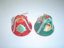  Vintage Fabric Covered  Christmas Bell Ornaments Red and Green  - £19.61 GBP
