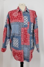Vtg Quizz NY S Red Blue Paisley Patch Bandana Cotton Long Sleeve Shirt Top - £27.51 GBP