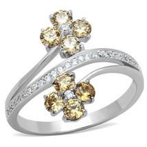 Round Cut Champagne Cz Flower Cross Over 925 Sterling Silver Engagement Ring - £73.62 GBP