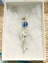 Silver Mermaid Holding Blue Sea Glass Cage Locket Necklace 18&quot;, Jewelry Gift - £13.42 GBP