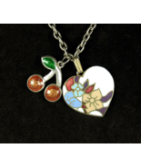 FLORAL CLOISONNE HEART &amp; CHERRIES PENDANTS Vintage Necklace SilverGoldto... - $24.19 CAD