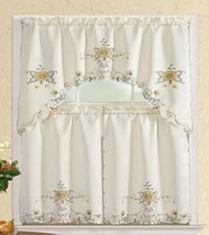 Flowers Yellow And Beige Embroidered Decorative Kitchen Curtain 3 Pcs Set - £14.72 GBP