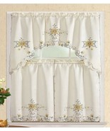 FLOWERS YELLOW AND BEIGE EMBROIDERED DECORATIVE KITCHEN CURTAIN 3 PCS SET - £15.48 GBP