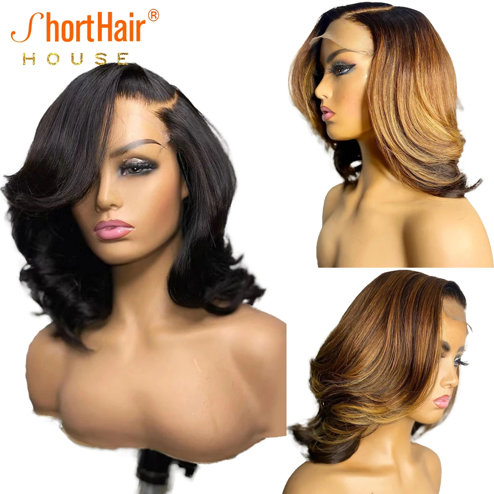 Short Bob Wig Pixie Cut Wigs Human Hair Lace Front Wig 4 27 Blonde Highlight W - £64.73 GBP+