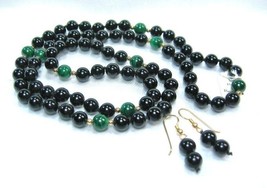 HANDCRAFT Gemstone onyx Malachite Necklace dangle Earring set 30&quot; - £22.64 GBP