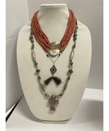 3 Vintage Boho Necklaces 1 Signed Marquet Bamboo Fringe Clay - $912.32 MXN