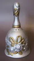 Vintage 6" Ceramic Hand Painted Floral Bell - Silver &amp; Gold Rose Relief - $8.00