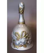 Vintage 6" Ceramic Hand Painted Floral Bell - Silver &amp; Gold Rose Relief - $8.00