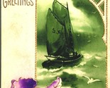 Loves Greetings To Bertha Pansy Flower Ship on Water 1907 Embossed Gilt ... - $3.91
