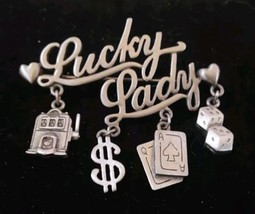 Lucky Lady Pin Brooch 4 Dangling Charms J.J. Jonette Jewelry 2.25x2 Dice... - $12.20