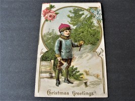 Christmas Greetings, Boy &amp; Tree - Postmarked 1912 Embossed Postcard.  - £10.85 GBP