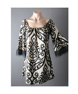Black Beige Boho Ikat Henna Pattern Crochet Bell Sleeve Tunic Shift Mini... - $24.99