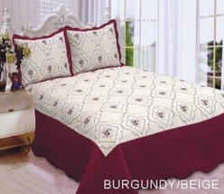 Anna Flowers Embroidered Burgundy &amp; Beige Bedspread Coverlet Set 3 Pcs Calking - £47.47 GBP