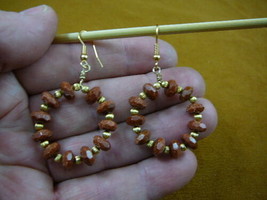 (EE-800-7) Orange goldstone 8x4 beaded gemstone hoop dangle circle earrings gold - £22.33 GBP