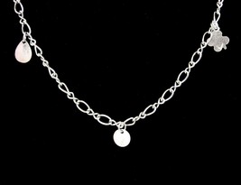 Three Charms Pendant Necklace Vintage Figaro Silvertone Chain 16&quot; 4 Leaf Clover - £10.35 GBP