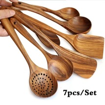 7Pcs Thailand Teak Cooking Spoon Natural Wooden Kitchen Tableware Tool Ladle Tur - £34.30 GBP+