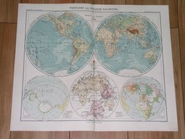 1912 Antique Map Of The World Globes Hemispheres America Asia Africa Europe - £18.59 GBP