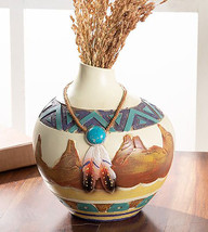 Southwestern Aztec Mayan Desert Mountains Dreamcatcher Feathers Floral Vase - $34.99