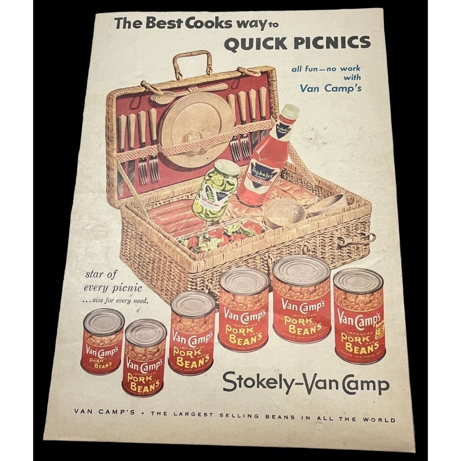 Primary image for Stokely Van Camp Pork and Beans Vintage Original Print Ad 1955 Picnic Basket