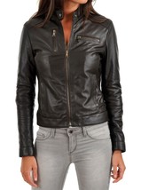 Women&#39;s Genuine Lambskin Real Leather Jacket Slim fit Biker Jacket For Women-030 - £93.70 GBP